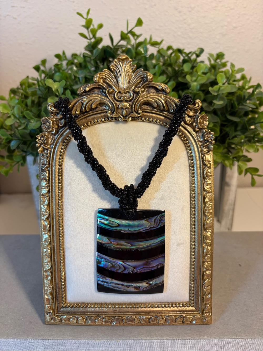 Black Pendant Necklace with Iridescent Abalone Inlay